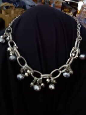 Silver Tone Link Necklace with Metallic Bead Charms - Women Jewelry